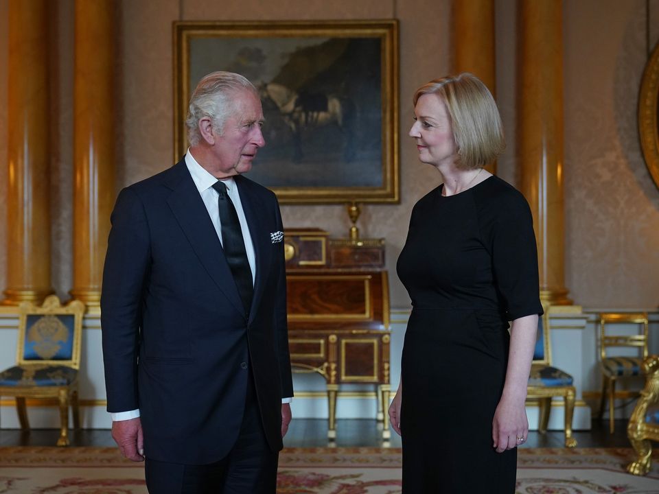 King Charles III during his first audience with British Prime Minister Liz Truss at Buckingham Palace