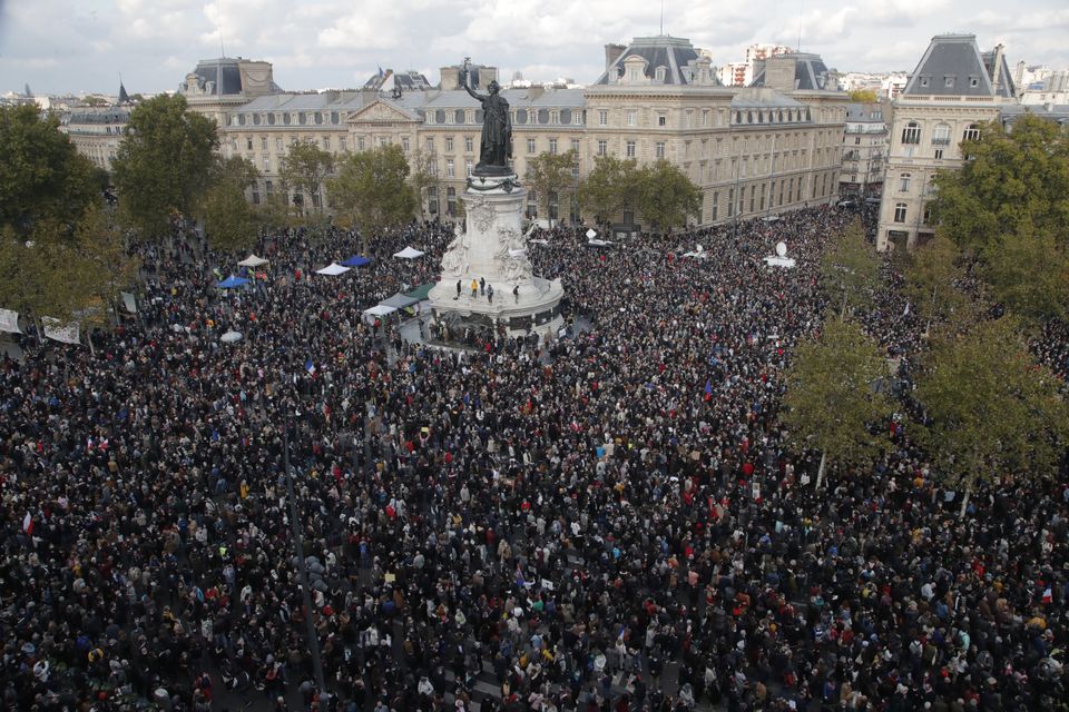 People gathered on the Place de la Republique during a demonstration in Paris (Michel Euler/AP)