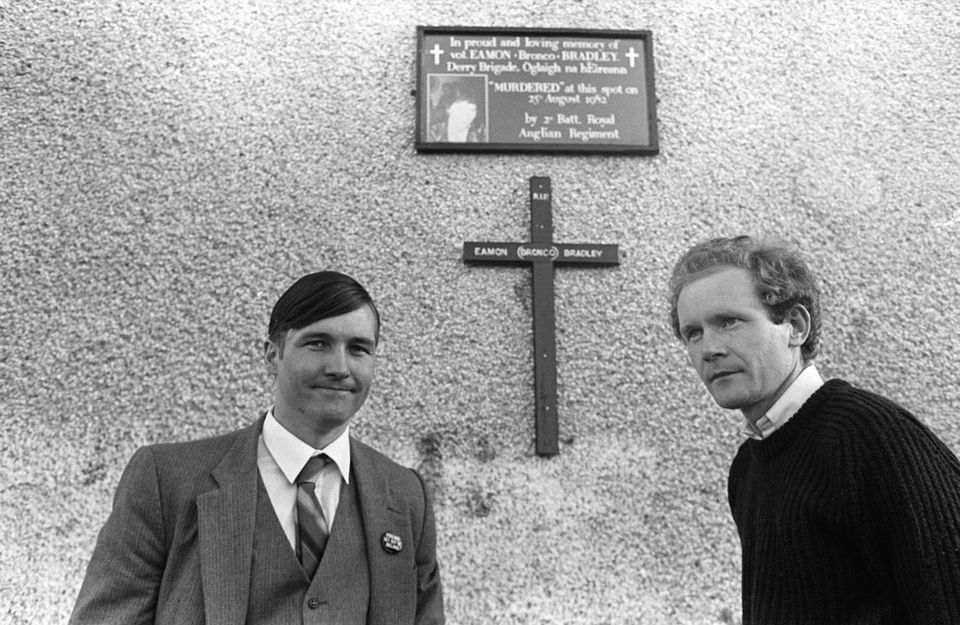 Martin Galvin with Martin McGuiness making an illegal appearance in Derry. Galvin was barred from entering the country at this time as American Noraid leader. Pacemaker Press Intl.