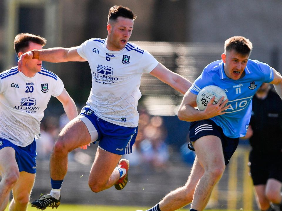Seán Bugler of Dublin in action against Dessie Ward of Monaghan and Karl O'Connell, left, during the Allianz Football League Division 1 match at St Tiernach's Park in Clones, Monaghan. Photo: Ray McManus/Sportsfile