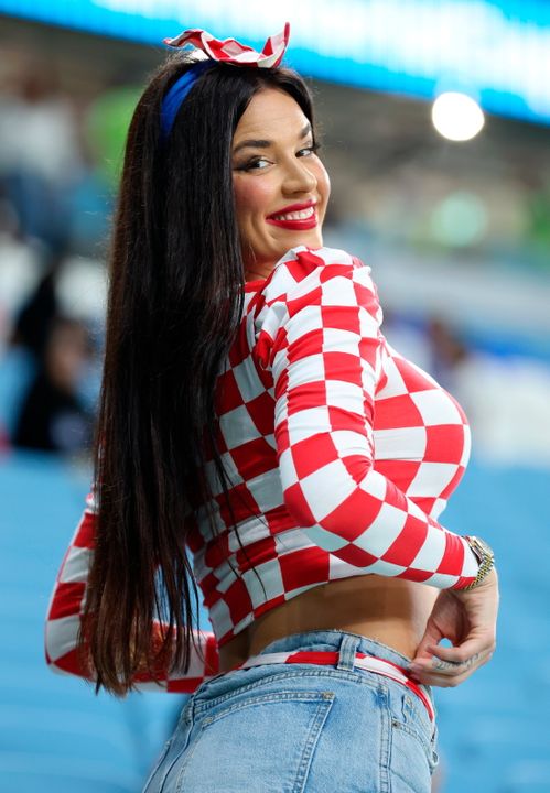 AL WAKRAH, QATAR - DECEMBER 05: Ivana Knoll, former Miss Croatia, poses for a photo prior to the FIFA World Cup Qatar 2022 Round of 16 match between Japan and Croatia at Al Janoub Stadium on December 05, 2022 in Al Wakrah, Qatar. (Photo by Alex Grimm/Getty Images)