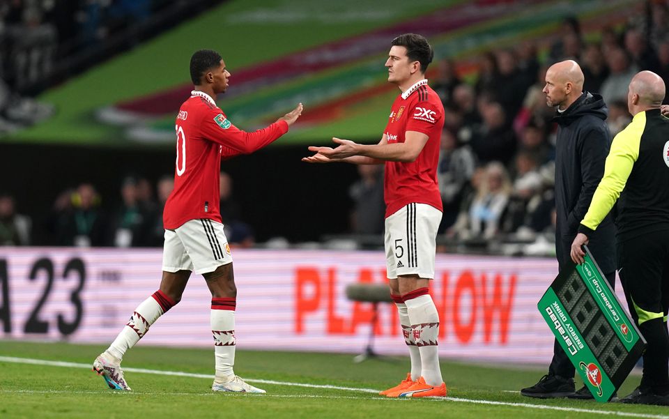 Harry Maguire (right) replaced Marcus Rashford late on in Manchester United’s Carabao Cup final win over Newcastle (John Walton/PA)