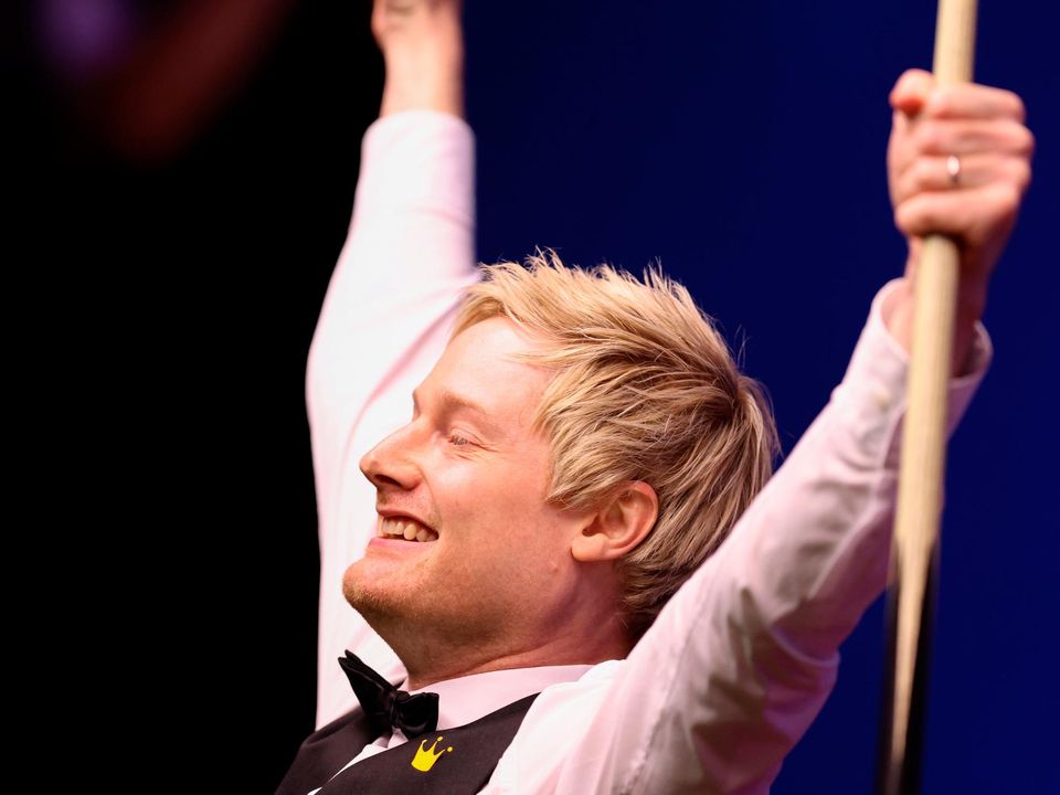 Neil Robertson celebrates after making a 147 during the World Snooker Championship at the Crucible Theatre. (Photo by George Wood/Getty Images)