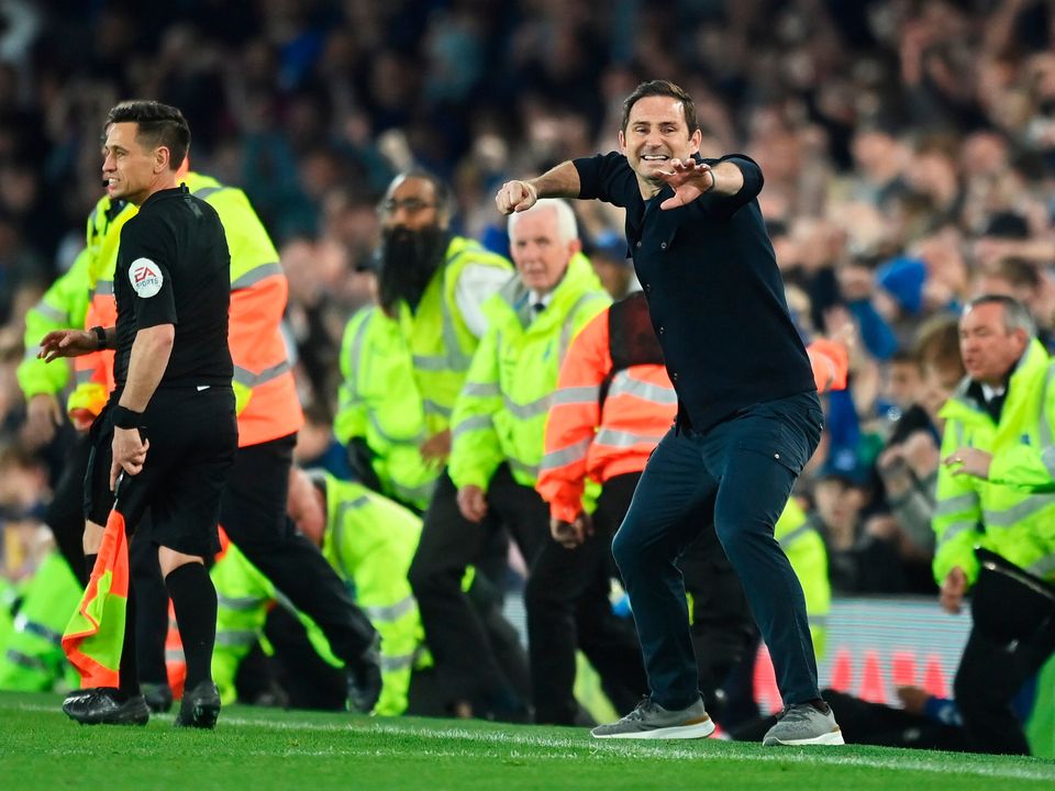Frank Lampard, Manager of Everton celebrates following their sides victory as they avoid relegation. (Photo by Michael Regan/Getty Images)