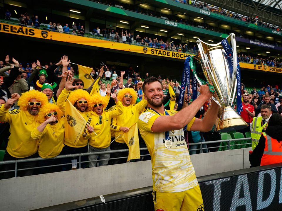La Rochelle's Thomas Lavault celebrates with the trophy after the Heineken Champions Cup final match at the Aviva Stadium in Dublin, Ireland. Picture date: Saturday May 20, 2023. PA Photo. See PA Story RUGBYU Leinster. Photo credit should read: Niall Carson/PA Wire.

RESTRICTIONS: Use subject to restrictions. Editorial use only, no commercial use without prior consent from rights holder.