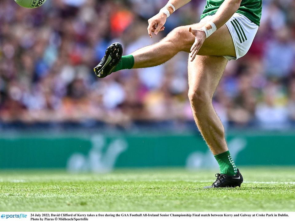 24 July 2022; David Clifford of Kerry takes a free during the GAA Football All-Ireland Senior Championship Final match between Kerry and Galway at Croke Park in Dublin. Photo by Piaras Ó Mídheach/Sportsfile