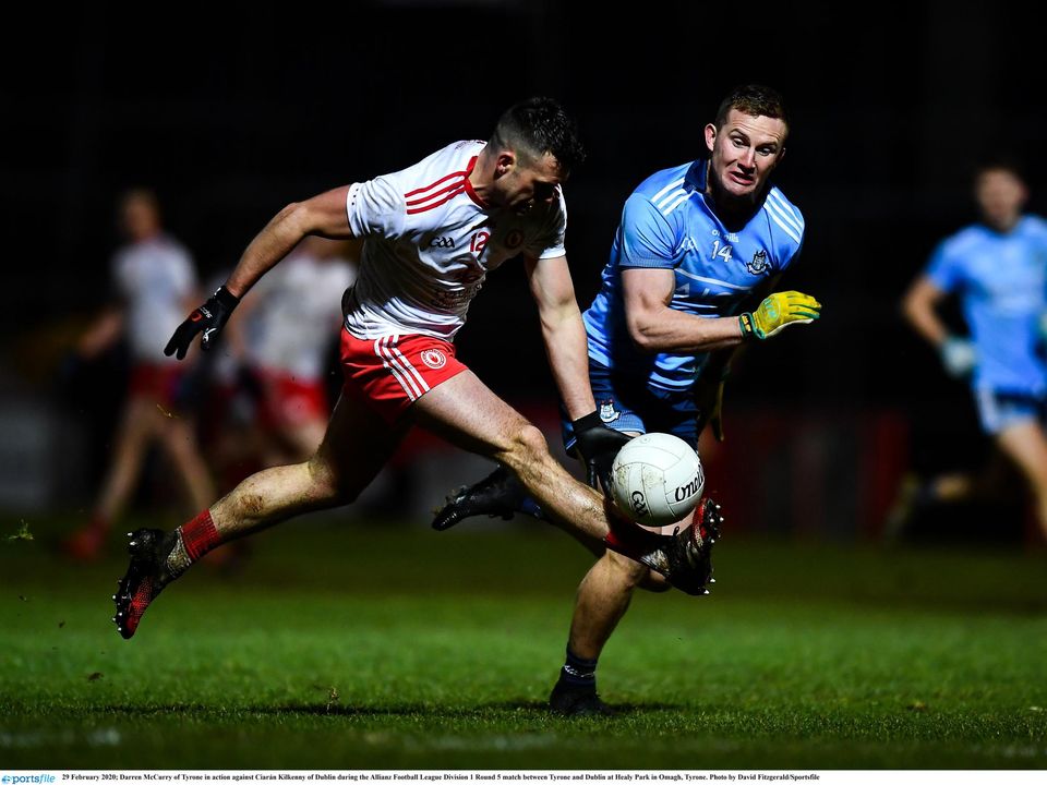 Darren McCurry of Tyrone in action against Ciarán Kilkenny of Dublin during the league meeting of the sides at Healy Park in 2020. Photo: Sportsfile
