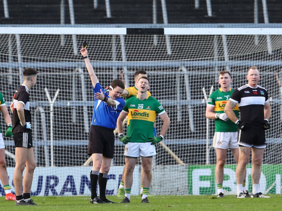 27 November 2022; Ciaran Cannon of Clonmel Commercials is shown a black card by referee David Murnane during the AIB Munster GAA Football Senior Club Championship Semi-Final match between Clonmel Commercials and Newcastle West at FBD Semple Stadium in Thurles, Tipperary. Photo by Michael P Ryan/Sportsfile