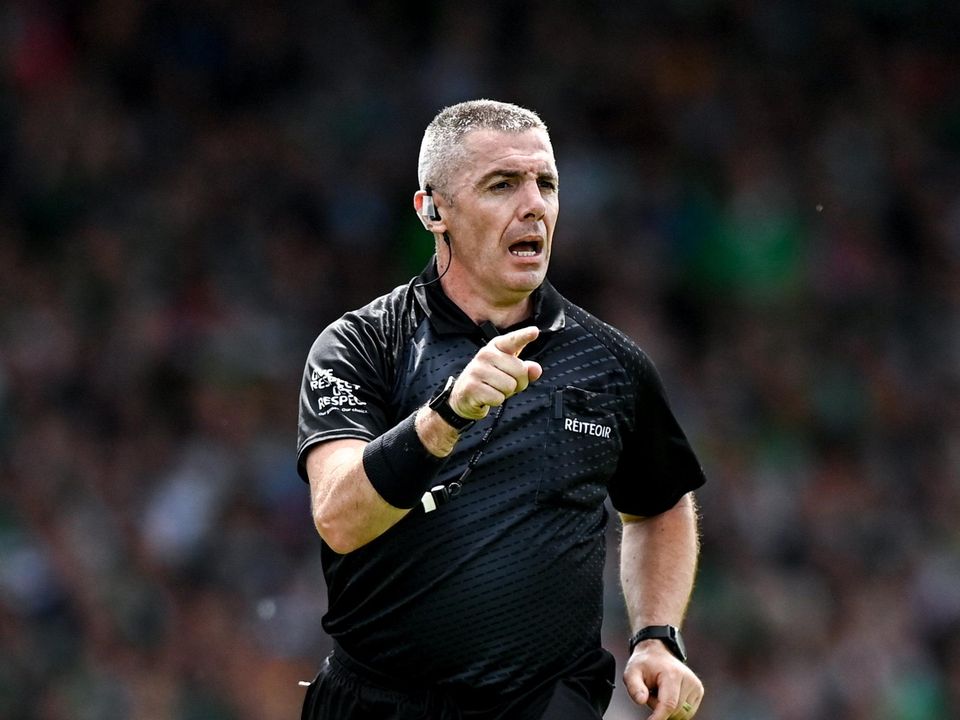 11 June 2023; Referee Liam Gordon during the Munster GAA Hurling Championship Final match between Clare and Limerick at TUS Gaelic Grounds in Limerick. Photo by Eóin Noonan/Sportsfile