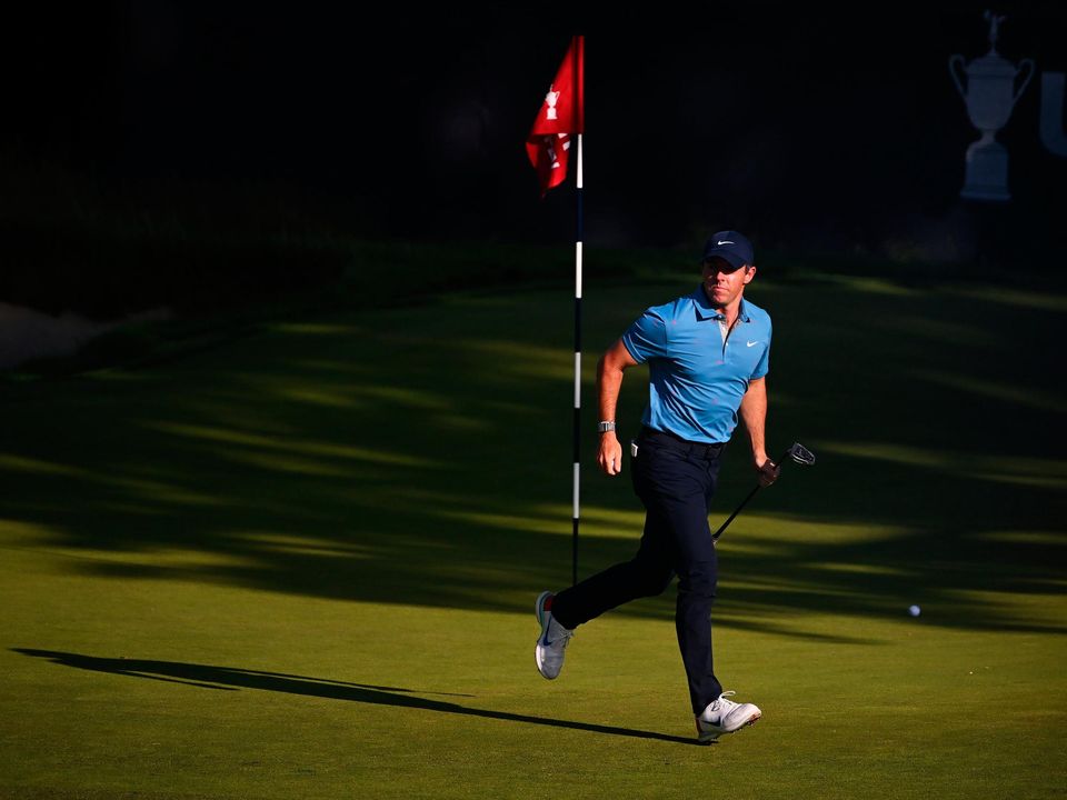 Rory McIlroy looks on after running to mark his ball on the 17th green during the second round of the 122nd U.S. Open Championship. (Photo by Ross Kinnaird/Getty Images)