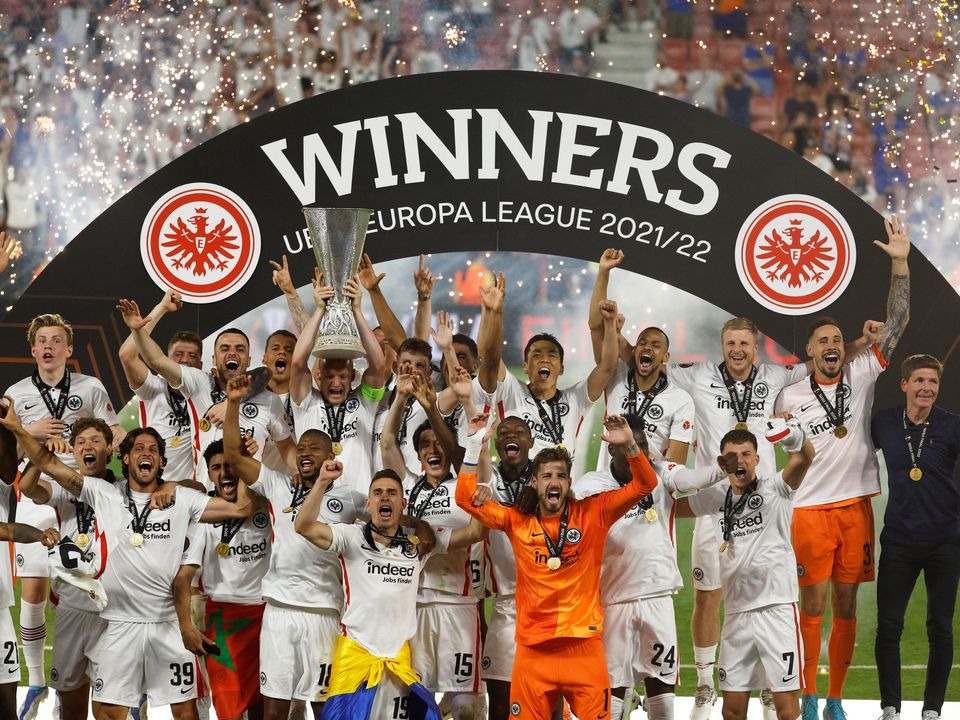 Eintracht Frankfurt's Sebastian Rode lifts the trophy as he celebrates with team-mates after winning the Europa League