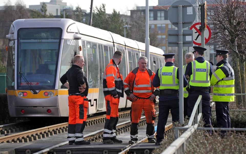 Gardai and LUAS staff at the scene on Cookstown Way, near Tallaght where Patricia Quinn was killed in a collision with a LUAS tram. Picture Colin Keegan, Collins Dublin