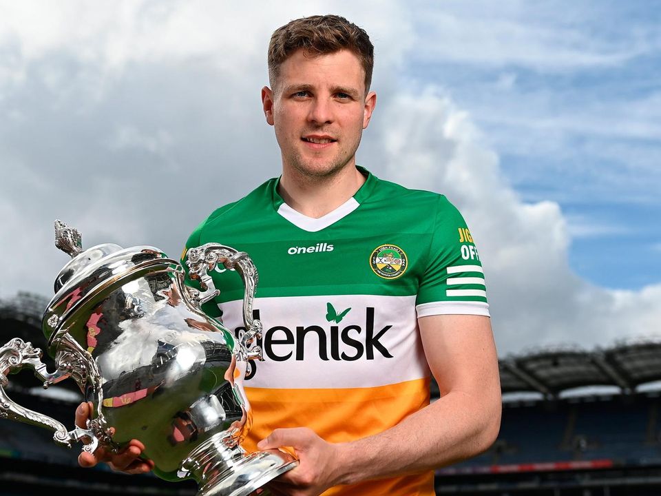 Offaly star Johnny Moloney pictured with the Tailteann Cup at the launch of the competition in Croke Park. Photo: Sportsfile