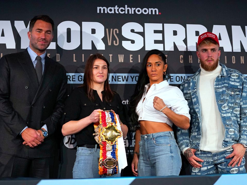 Promotor Eddie Hearn, boxers Katie Taylor and Amanda Serrano, and Jake Paul (right) during a press conference at The Leadenhall Building, London