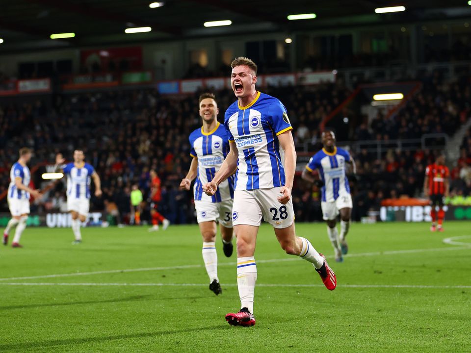 BOURNEMOUTH, ENGLAND - APRIL 04: Evan Ferguson of Brighton & Hove Albion celebrates after scoring the team's first goal during the Premier League match between AFC Bournemouth and Brighton & Hove Albion at Vitality Stadium on April 04, 2023 in Bournemouth, England. (Photo by Michael Steele/Getty Images)