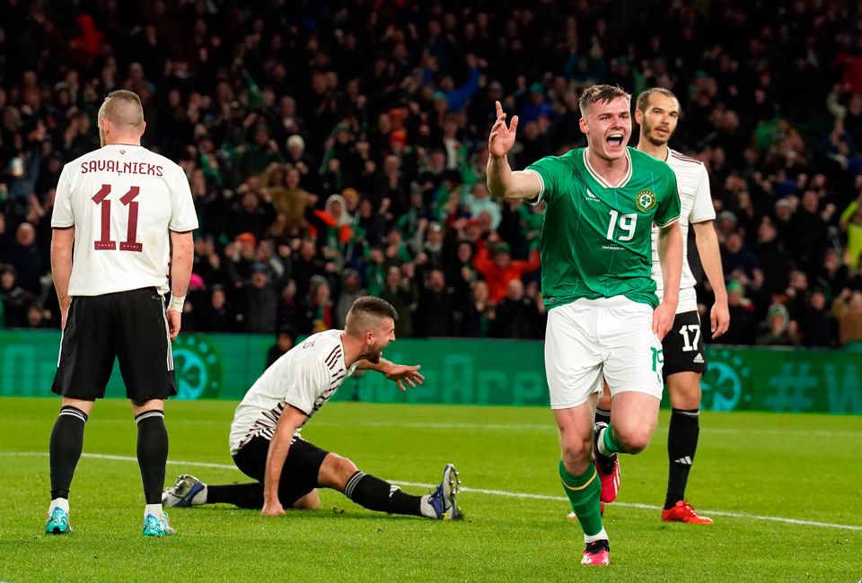 Republic of Ireland's Evan Ferguson celebrates scoring his side's second goal during the international friendly match at the Aviva Stadium, Dublin. PA Photo.  Photo: Brian Lawless/PA Wire.