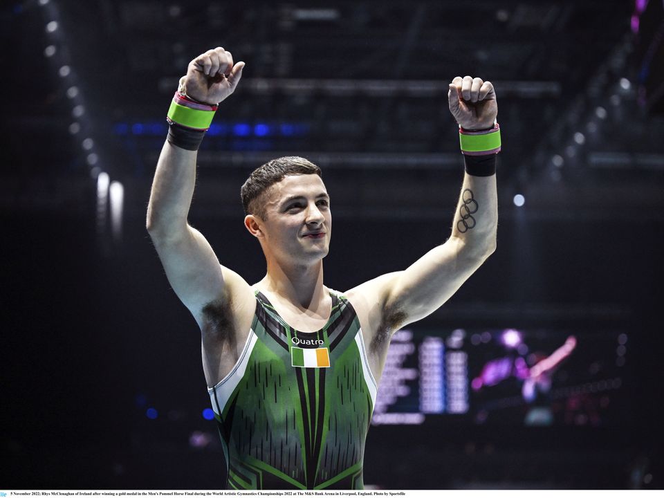 5 November 2022; Rhys McClenaghan of Ireland after winning a gold medal in the Men's Pommel Horse Final during the World Artistic Gymnastics Championships 2022 at The M&S Bank Arena in Liverpool, England. Photo by Sportsfile