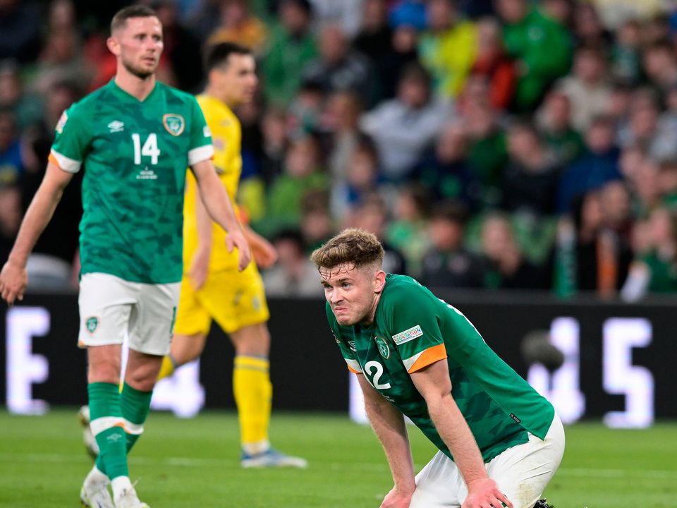 Nathan Collins of Republic of Ireland reacts during the UEFA Nations League League B Group 1 match between Republic of Ireland and Ukraine at Aviva Stadium. (Photo by Charles McQuillan/Getty Images)