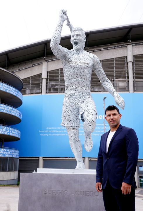 Sergio Aguero returned to Manchester on Friday for the unveiling of the statue (Martin Rickett/PA)