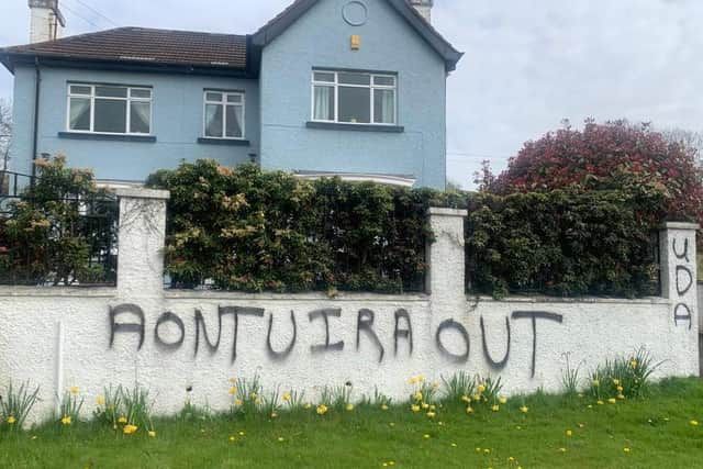 Thugs sprayed sectarian graffiti onto walls at Sharon Loughran's home