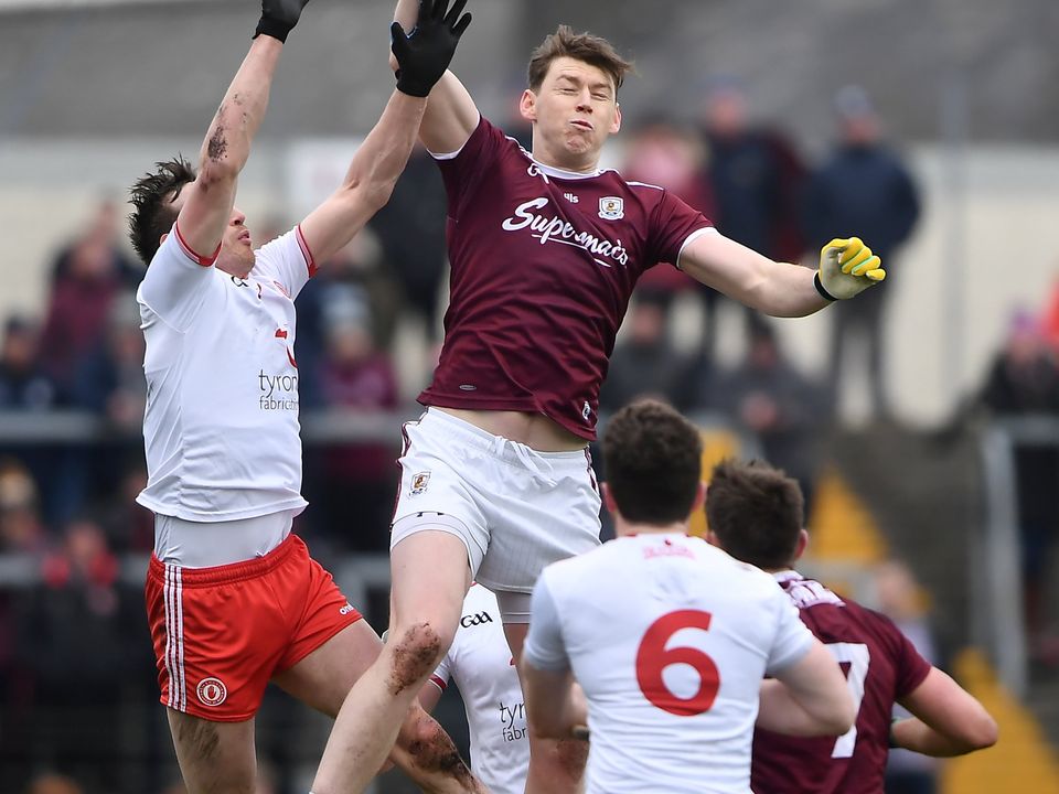 23 February 2020; Tom Flynn of Galway in action against Colm Cavanagh of Tyrone during the Allianz Football League Division 1 Round 4 match between Galway and Tyrone at Tuam Stadium in Tuam, Galway.  Photo by David Fitzgerald/Sportsfile