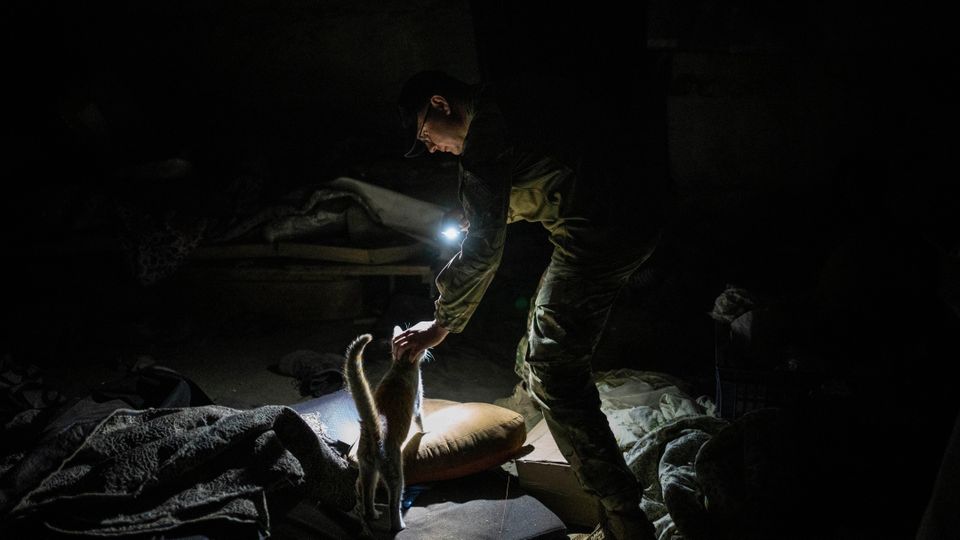 Ukrainian serviceman Anton pets a cat in a basement previously used by Russian soldiers as a temporary base in the village of Malaya Rohan, Kharkiv region (AP Photo/Bernat Armangue)