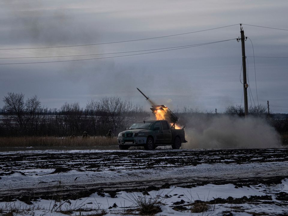 Ukrainian servicemen fire by MSLR towards Russian positions during fighting at the frontline in Donetsk region, Ukraine, Monday, Feb. 13, 2023. (AP Photo/Evgeniy Maloletka)