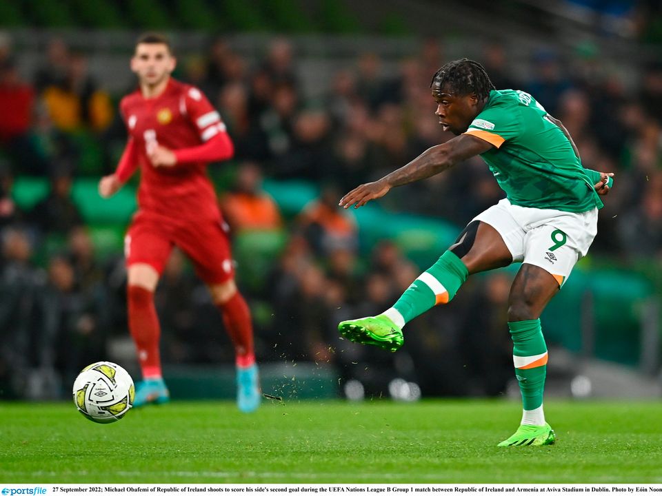 Michael Obafemi shoots to score the Republic of Ireland's second goal during the UEFA Nations League B Group 1 tie against Armenia at the Aviva Stadium. Photo: Eóin Noonan/Sportsfile