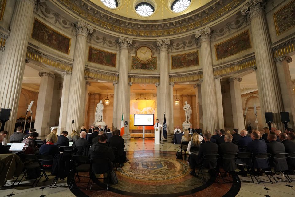 Garda Comissioner Drew Harris speaking at Dublin City Hall (Niall Carson/PA)