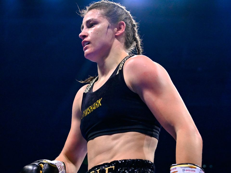 25 November 2023; Katie Taylor during her undisputed super lightweight championship fight with Chantelle Cameron at the 3Arena in Dublin. Photo by Stephen McCarthy/Sportsfile