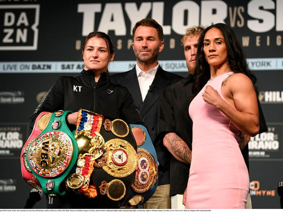 Katie Taylor and Amanda Serrano face-off during a media conference, held at the Hulu Theatre at Madison Square Garden, ahead of their undisputed lightweight championship fight, on Saturday night at Madison Square Garden in New York, USA. Photo by Stephen McCarthy/Sportsfile