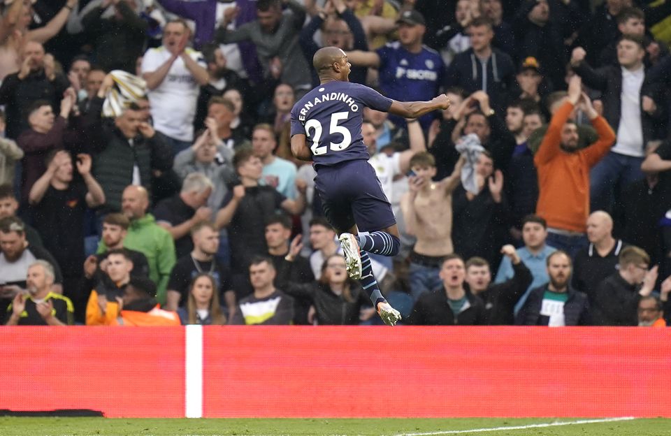 Manchester City’s Fernandinho jumps for joy after scoring his side’s final goal in their 4-0 win at Leeds (Danny Lawson/PA)
