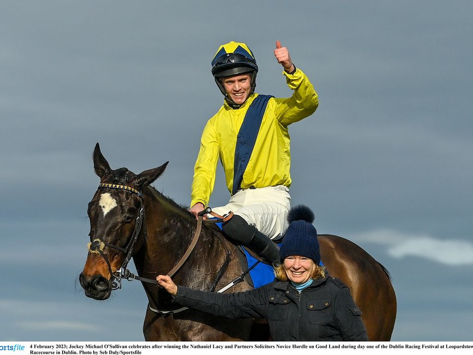 Jockey Michael O'Sullivan celebrates after winning the Novice Hurdle on Good Land during day one of the Dublin Racing Festival. Photo by Seb Daly/Sportsfile