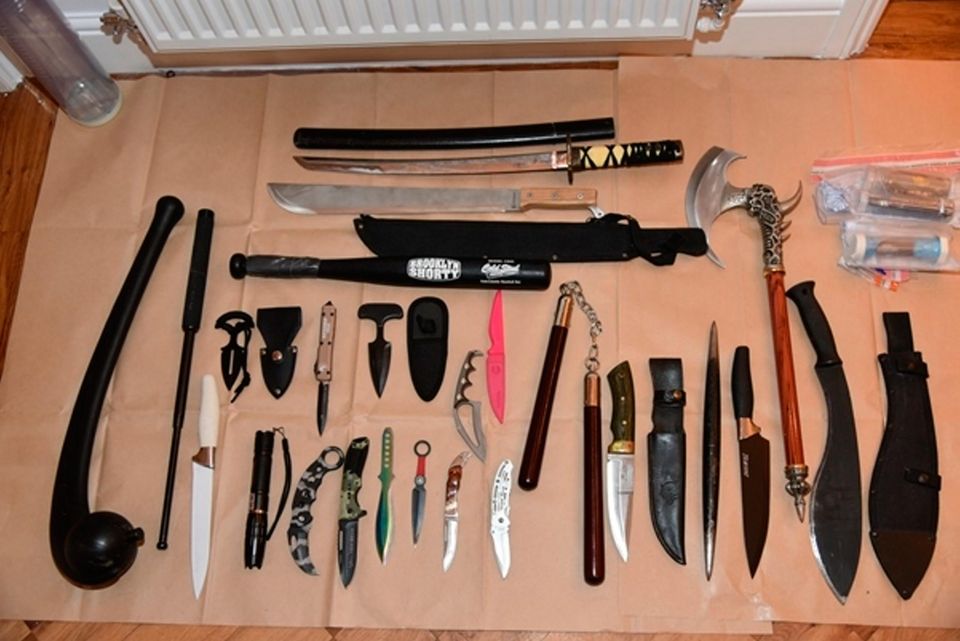 Locked up: Thomas ‘Bomber’ Kavanagh and weapons discovered during a police search of his luxury home in the UK. Photo: NCA/PA Wire
