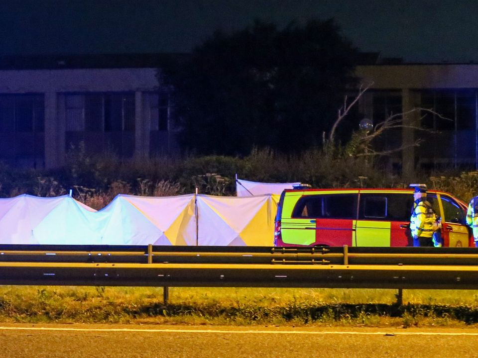 Emergency services at the scene of a fatal road crash involving a truck and a car overnight which occurred on the N7 at Junction 3, just before Rathcoole. Photo: Damien Storan.