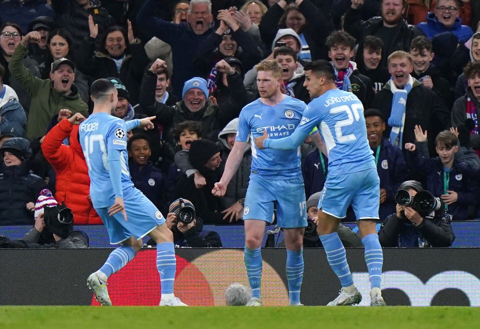 City now turn their attention to Liverpool after a goal from Kevin De Bruyne (centre) earned them victory over Atletico Madrid (Tim Goode/PA)