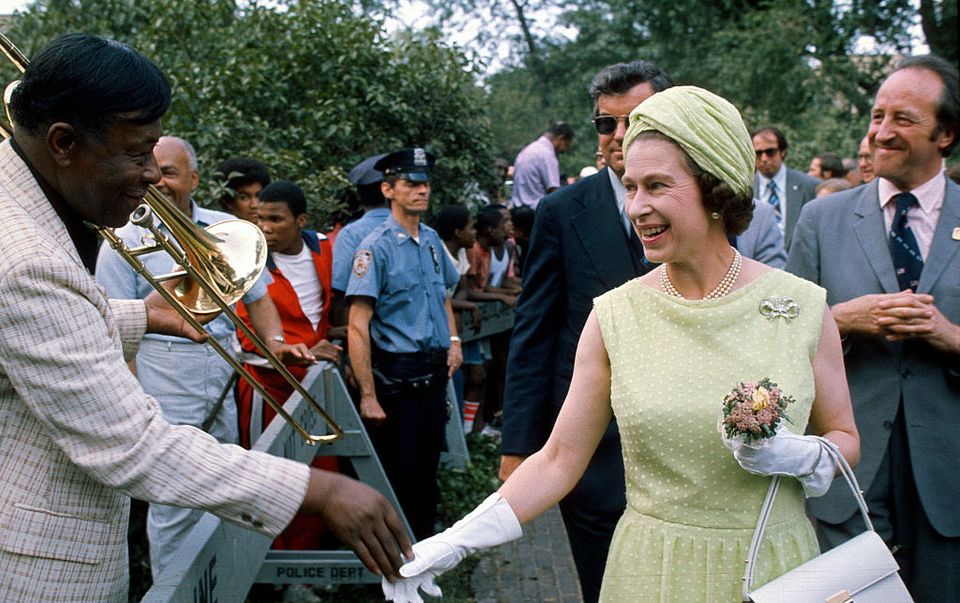 NEW YORK, USA - JULY 09:  Queen Elizabeth ll greets a jazz musician in New York during a State Visit to the United States on July 09, 1976 in New York, USA. (Photo by Anwar Hussein/Getty Images)