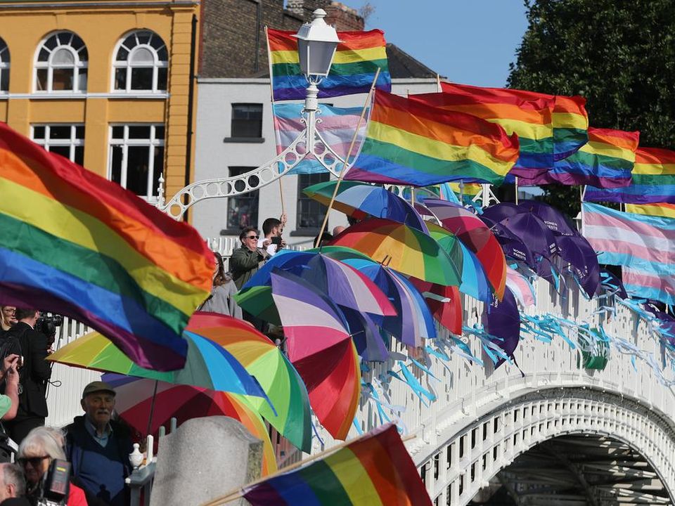 Dublin Pride flags and umbrellas on Ha’Penny Bridge, Dublin (Niall Carson/PA).