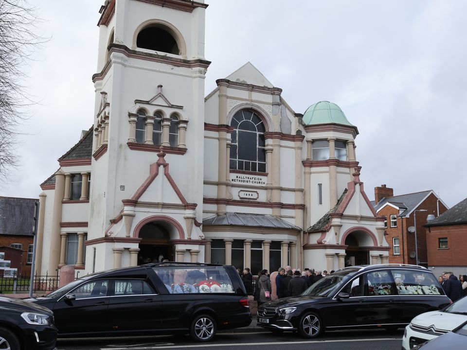 Mourners at the church for funerals of tragic twins Claire and Stephen O’Neill