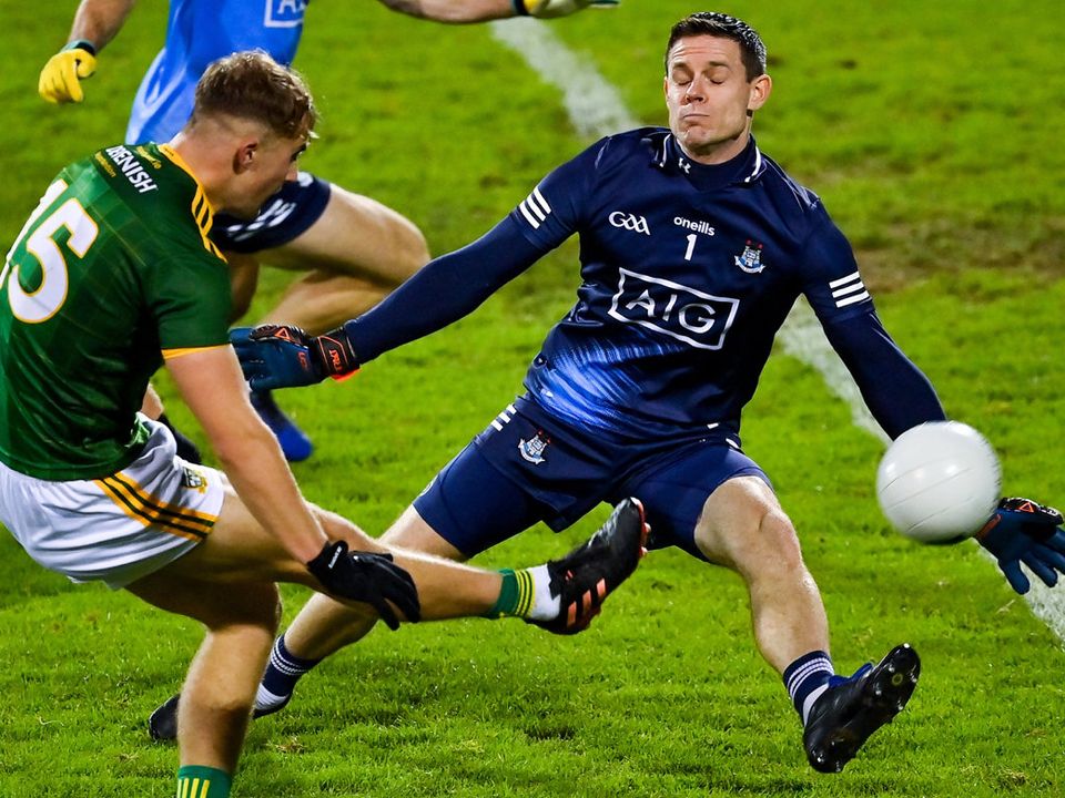 Dublin goalkeeper Stephen Cluxton makes a last-ditch save from Barry Dardis of Meath