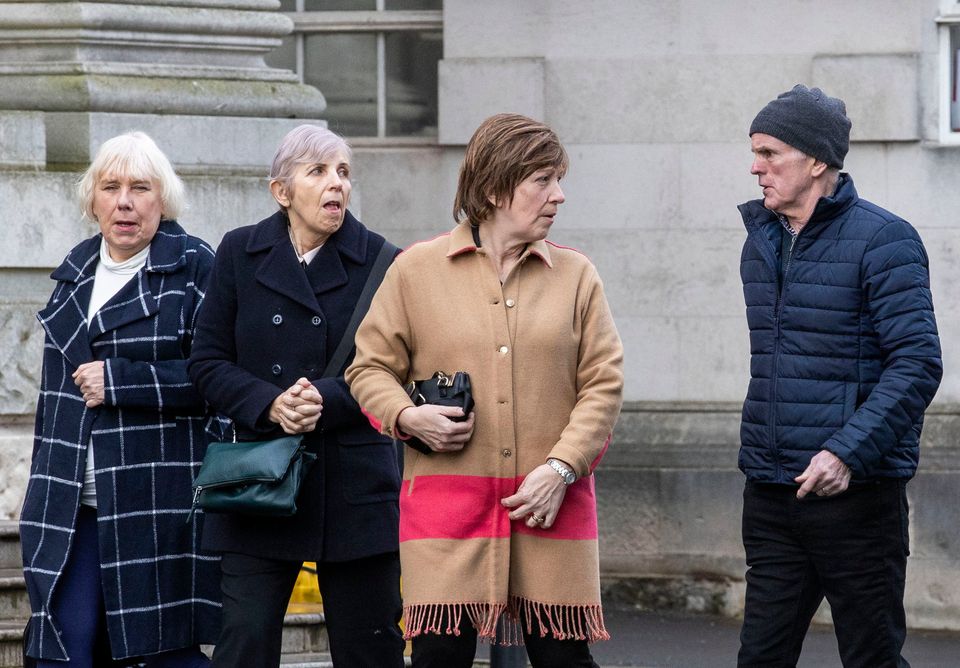 Natalie McNally's mother Bernie (second left), and father Noel (right) with family members outside Belfast High Court ahead of a bail application hearing for Stephen McCullagh on Monday March 6, 2023. (Liam McBurney/PA Wire)