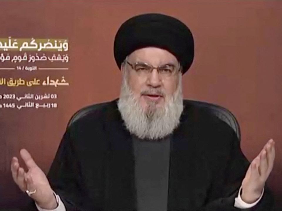Hezbollah leader Sayyed Hassan Nasrallah delivered his first address since the October 7 conflict between Palestinian group Hamas and Israel, from an unspecified location in Lebanon, in this screenshot taken from video obtained November 3, 2023. Al-Manar via Reuters