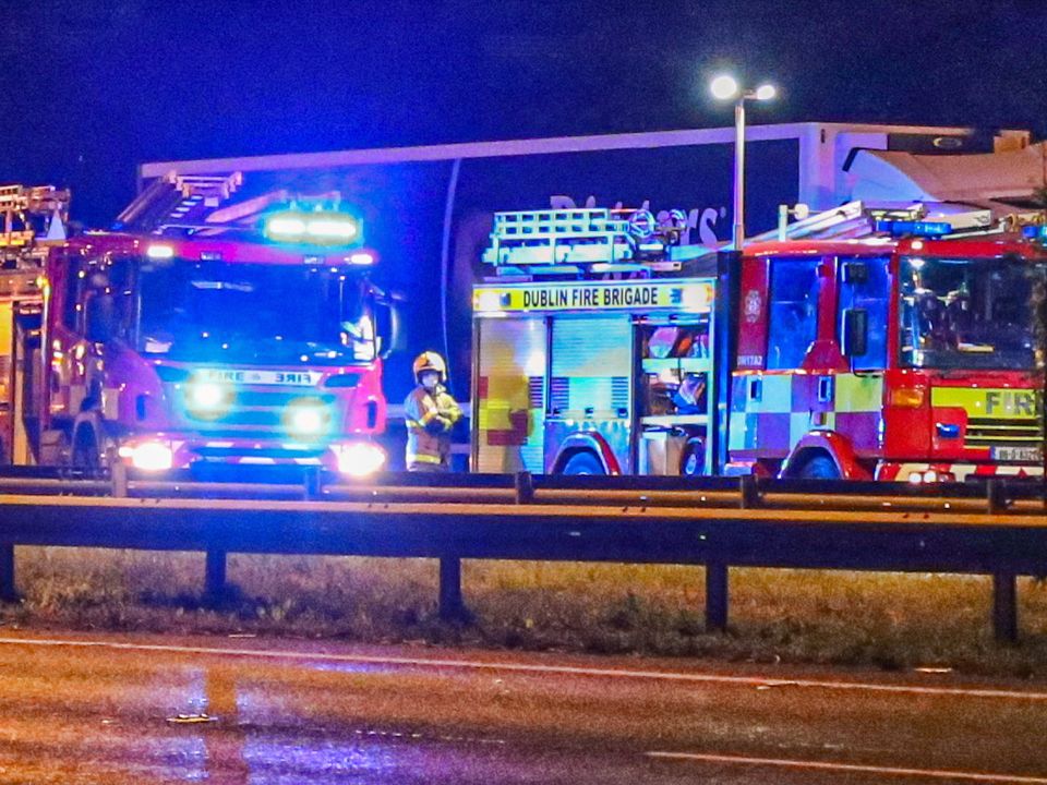 Emergency services at the scene of the fatal road crash involving a truck and a car which occurred on the N7 at Junction 3, just before Rathcoole. Photo: Damien Storan.