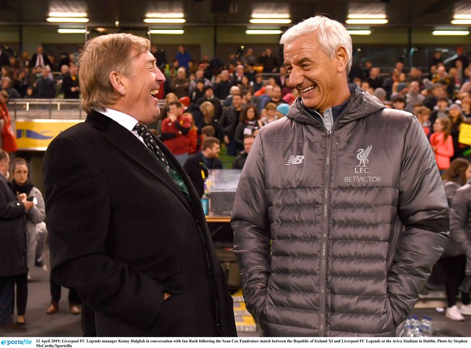 12 April 2019; Liverpool FC Legends manager Kenny Dalglish in conversation with Ian Rush following the Sean Cox Fundraiser match between the Republic of Ireland XI and Liverpool FC Legends at the Aviva Stadium in Dublin. Photo by Stephen McCarthy/Sportsfile