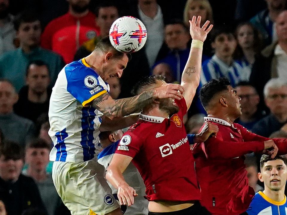 Manchester United's Luke Shaw (second left) handles the ball in the penalty area resulting in a penalty during the Premier League match at the AMEX Stadium, Brighton. Picture date: Thursday May 4, 2023. PA Photo. See PA Story SOCCER Brighton. Photo credit should read: Adam Davy/PA Wire.

RESTRICTIONS: EDITORIAL USE ONLY No use with unauthorised audio, video, data, fixture lists, club/league logos or "live" services. Online in-match use limited to 120 images, no video emulation. No use in betting, games or single club/league/player publications.