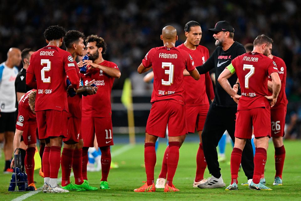Jurgen Klopp manager instructs his team during their Champions League Group A match against SSC Napoli at Stadio Diego Armando Maradona last night in Naples, Italy. Photo: Francesco Pecoraro/Getty Images