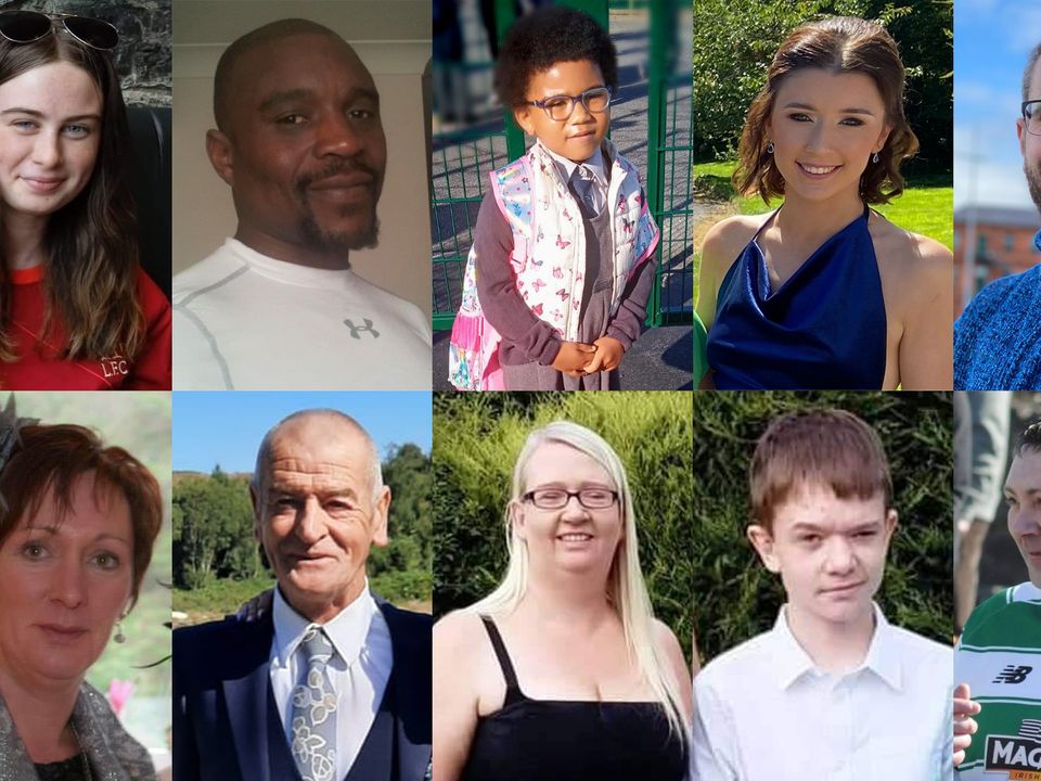 Leona Harper, 14, Robert Garwe, 50, Shauna Flanagan Garwe, five, Jessica Gallagher, 24, and James O'Flaherty, 48, and (bottom row, left to right) Martina Martin, 49, Hugh Kelly, 59, Catherine O'Donnell, 39, her 13-year-old son James Monaghan, and Martin McGill, 49, the ten victims of explosion at Applegreen service station in the village of Creeslough in Co Donegal.