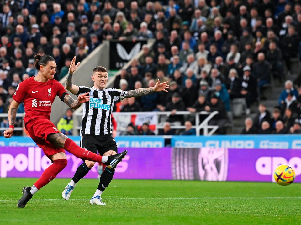 Darwin Nunez of Liverpool blasts the ball to the Newcastle net. Photo: Stu Forster/Getty Images