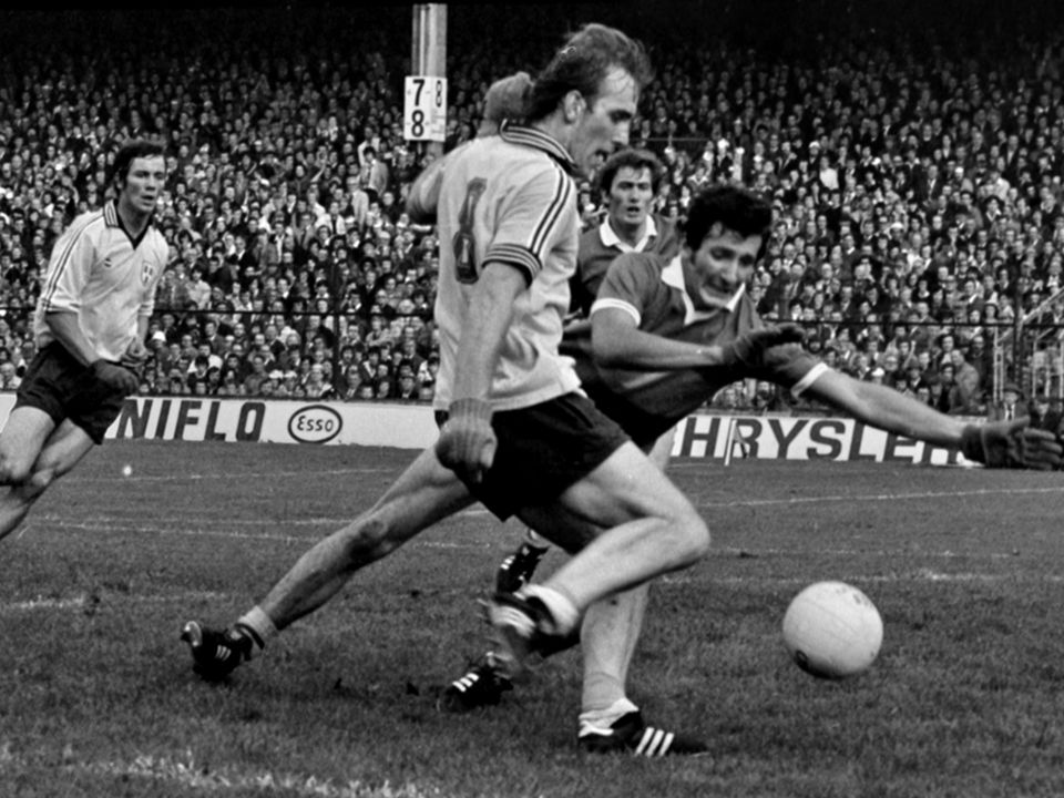 Dublin's Brian Mullins shoots past Kerry goalkeeper Charlie Neligan to score his side's goal in the 1976 All-Ireland Final. Photo: Connolly Collection/Sportsfile