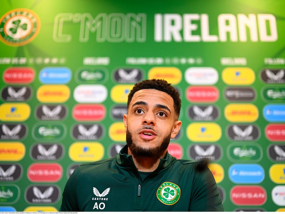 Andrew Omobamidele during the Ireland press conference. Photo: Sportsfile